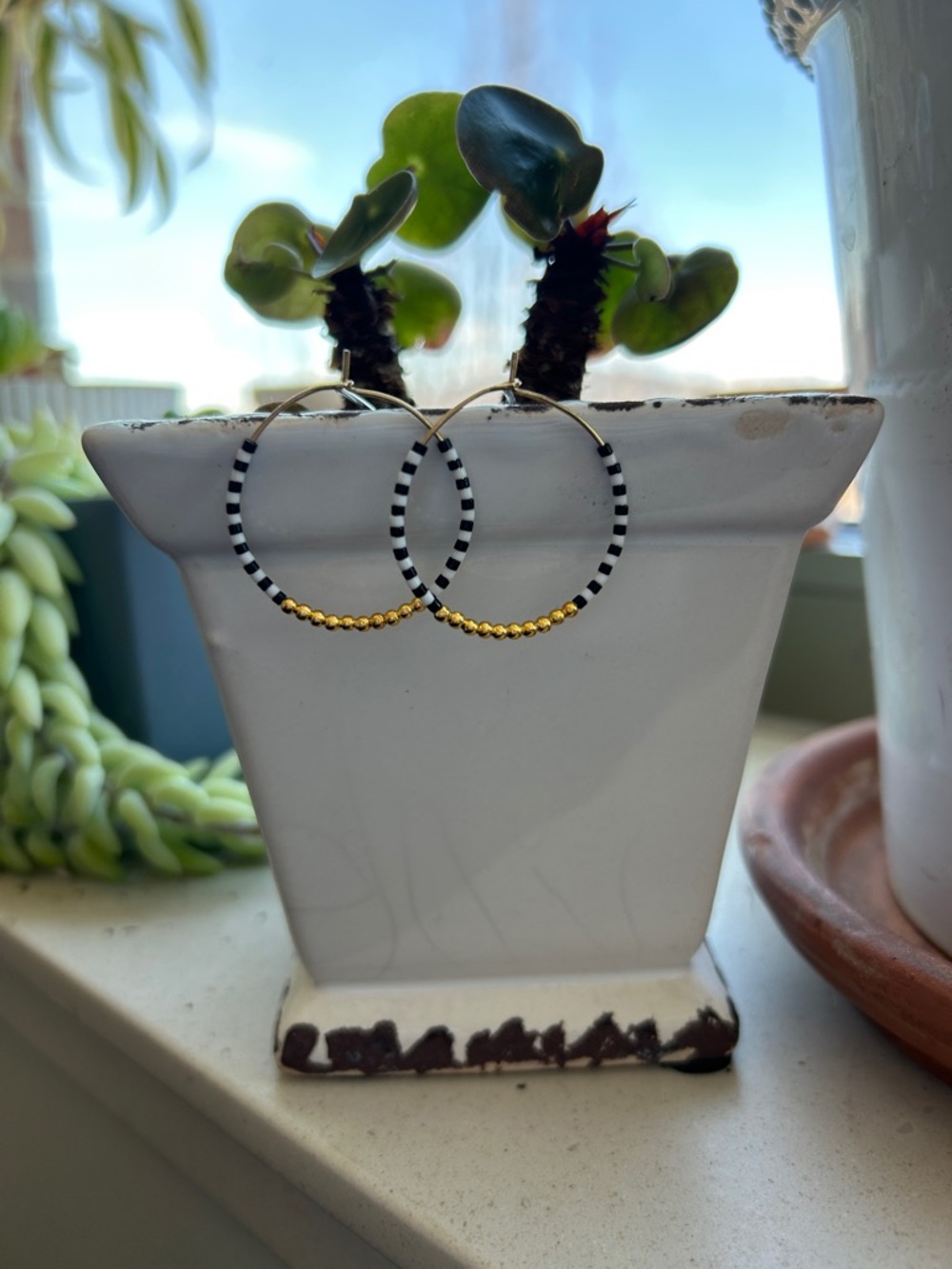 Gold & Black Striped Beaded Hoop Earrings